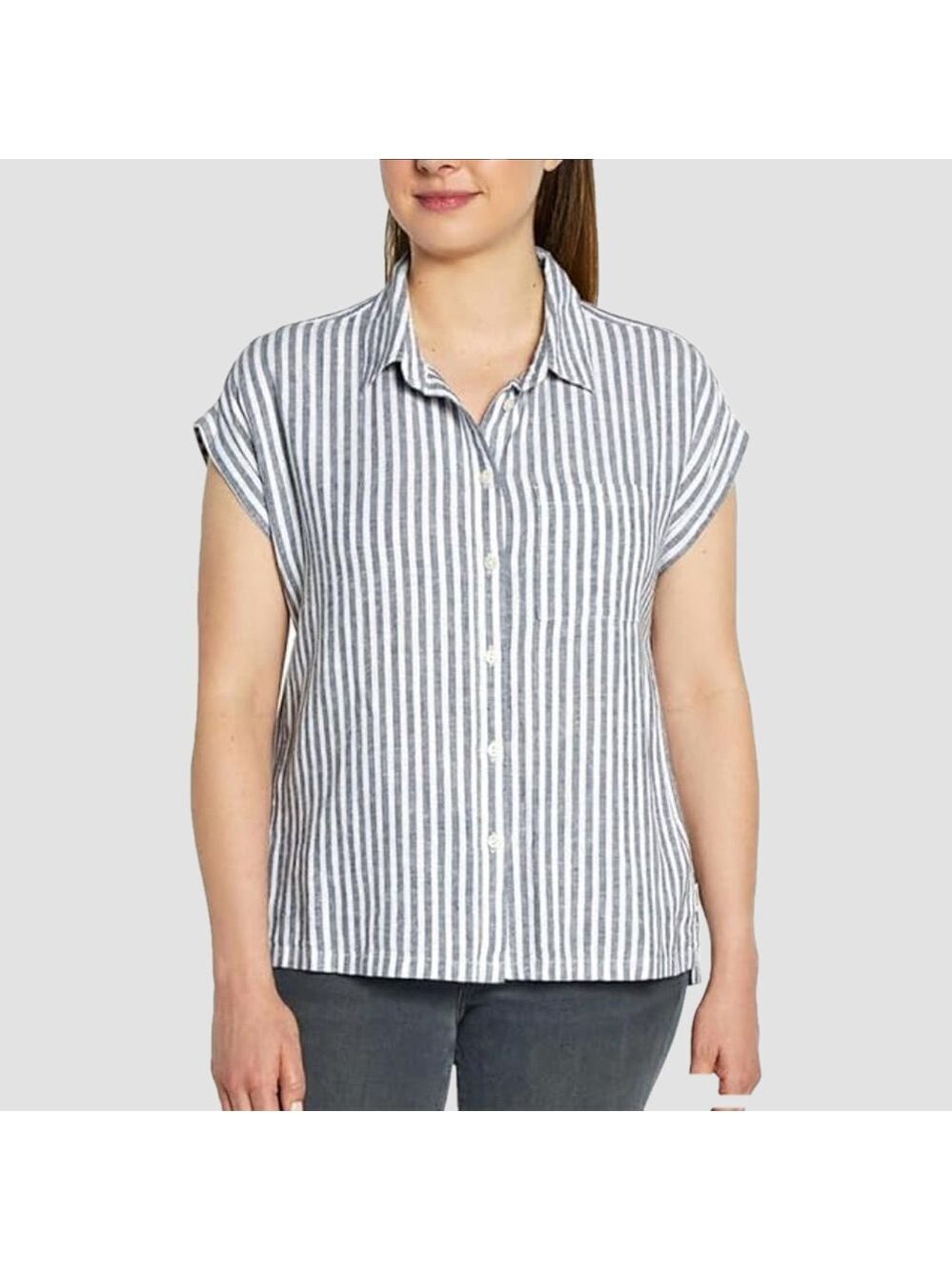 NWOT Orvis Women's Short Sleeve Linen Blend Shirt Size XL Blue White Nautical